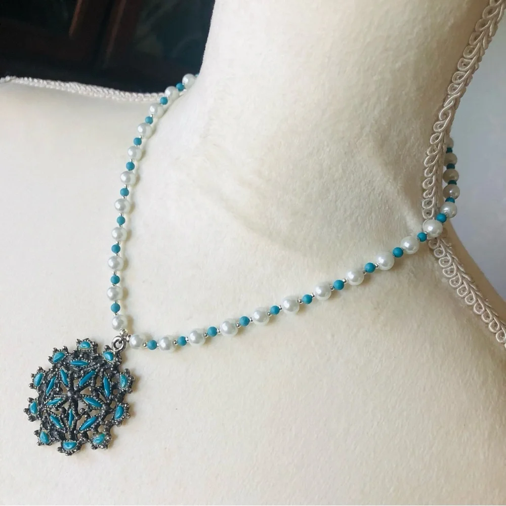 Handcrafted repurpose howlite cluster pendant Czech glass Pearl necklace